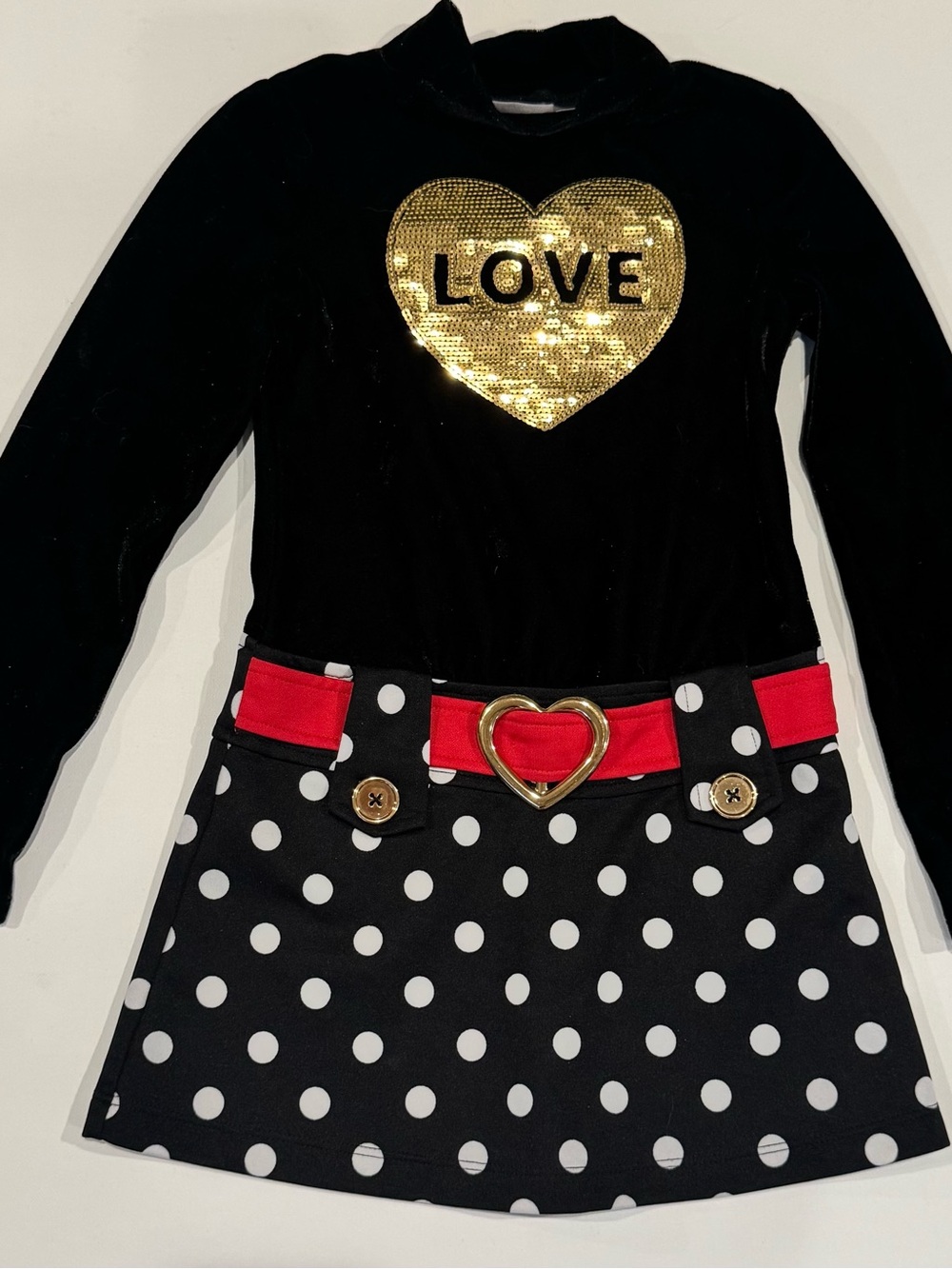 Black Velvet Dress with Gold Sequin Heart and Polka Dot Skirt. 0025